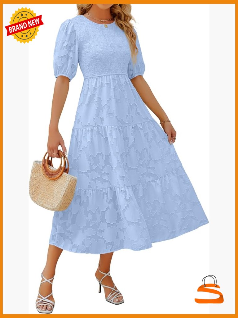 Short Puff Sleeve Smocked Floral Lace Flow Tiered Maxi Dress